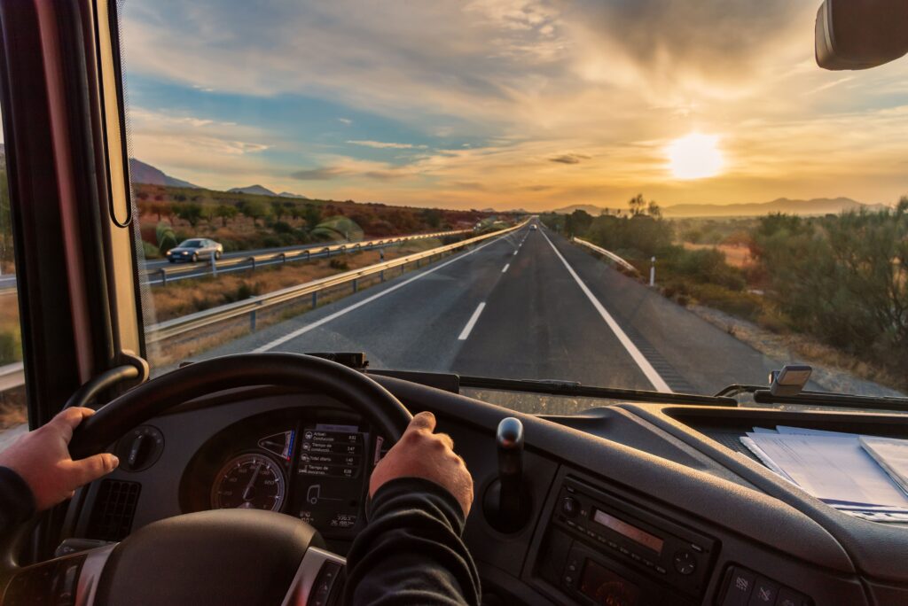 View from the driver's seat of a truck of the highway