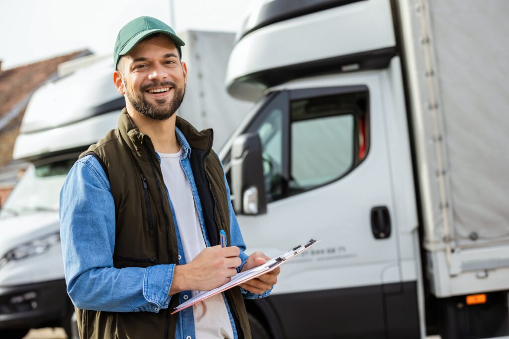 Truck driver standing in front on his truck