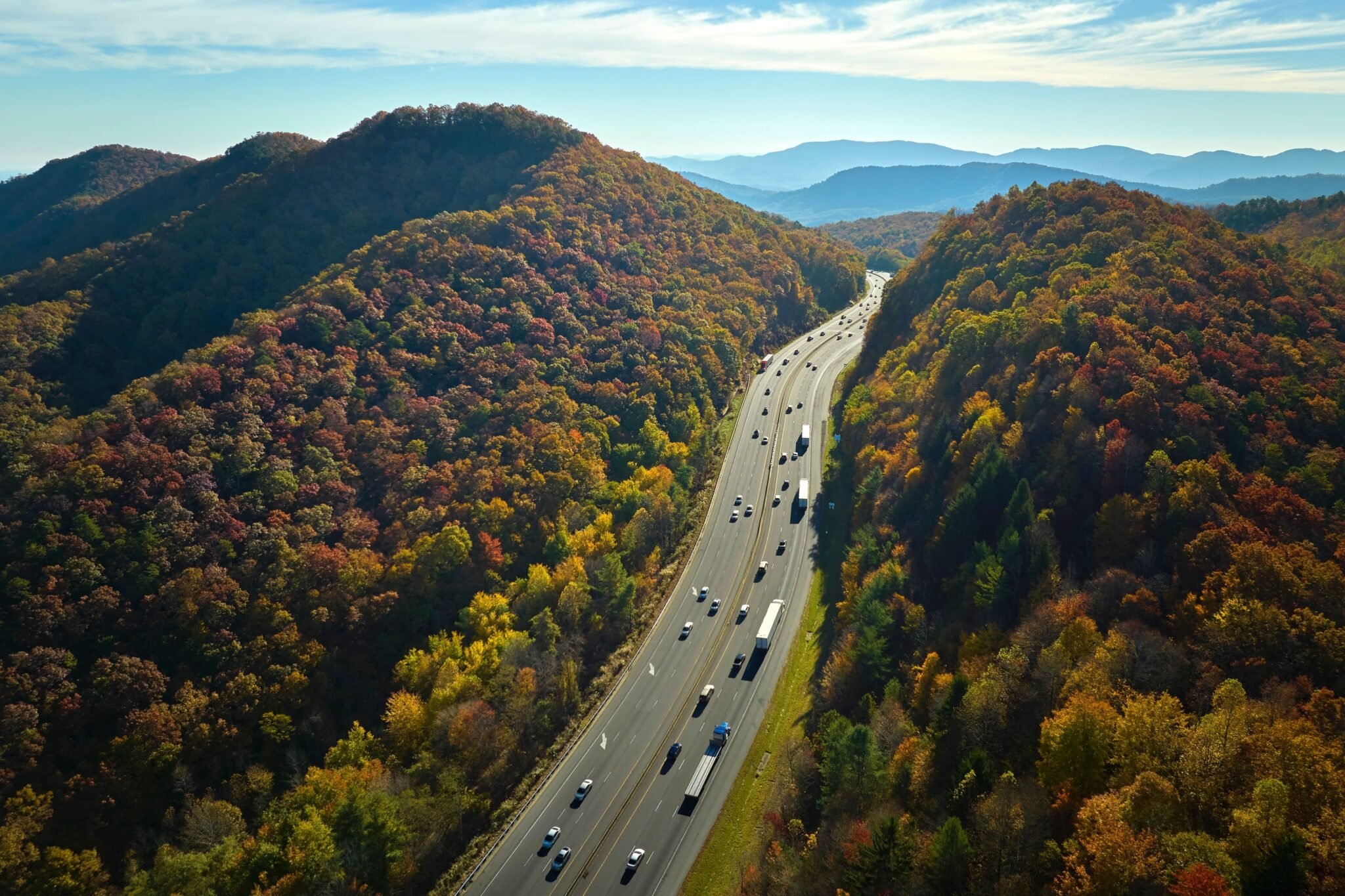 Road to Asheville on I-40, autumn mountains, fast traffic