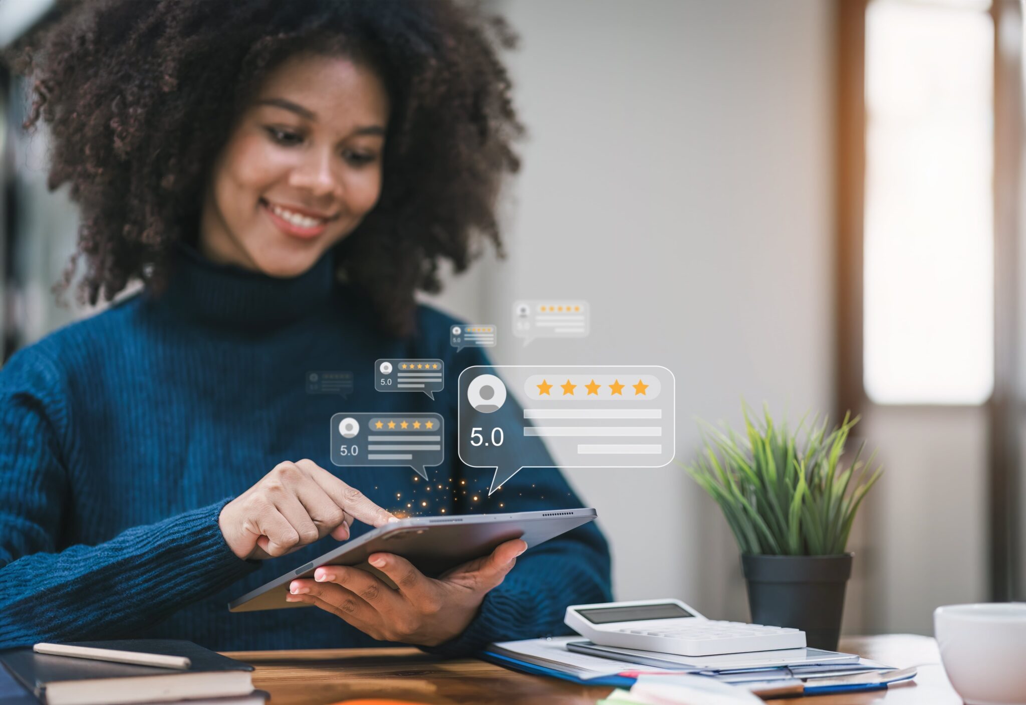 A smiling woman using a tablet, surrounded by 5-star ratings, symbolizing customer trust and positive reviews