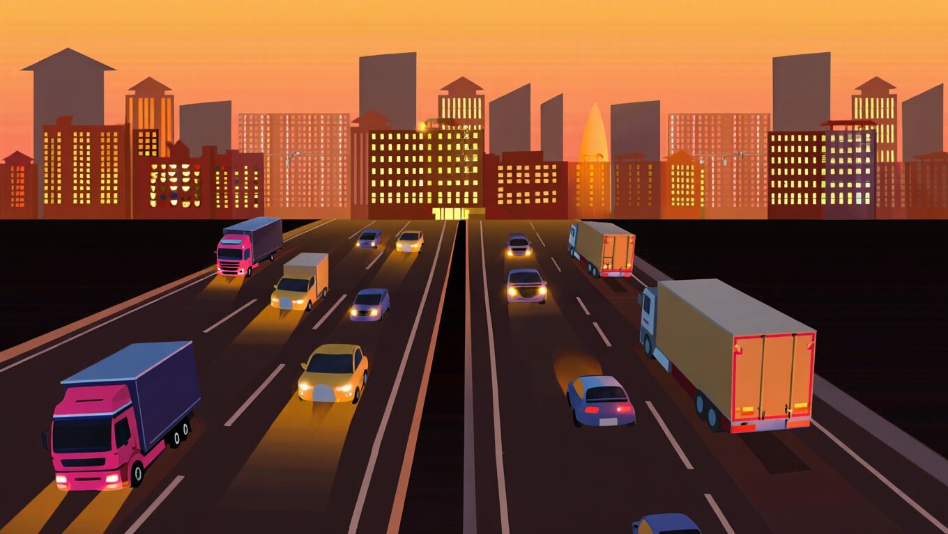 Trucks and cars on a busy highway at sunset representing 2024 moving trends and auto shipping activity across U.S. cities.