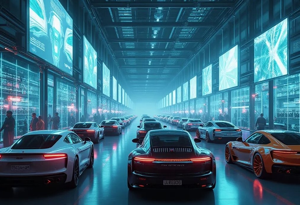 Futuristic automotive inventory center with digital screens and luxury vehicles aligned in rows.