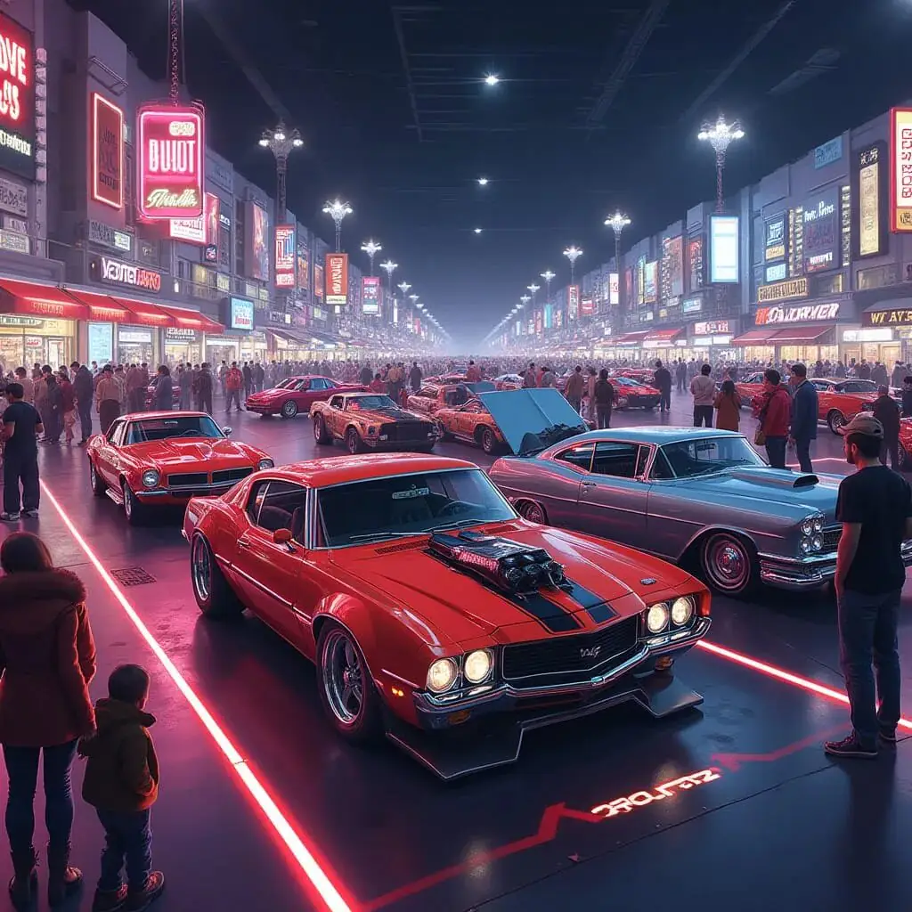 2025 USA car show featuring classic muscle cars and huge crowds under bright neon signs.