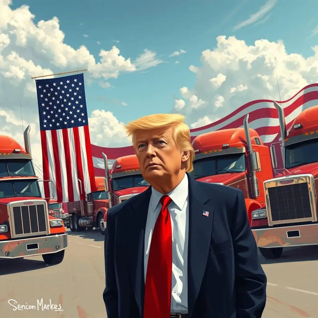 Donald Trump with red semi-trucks and a waving American flag, representing new regulations for U.S. truck drivers